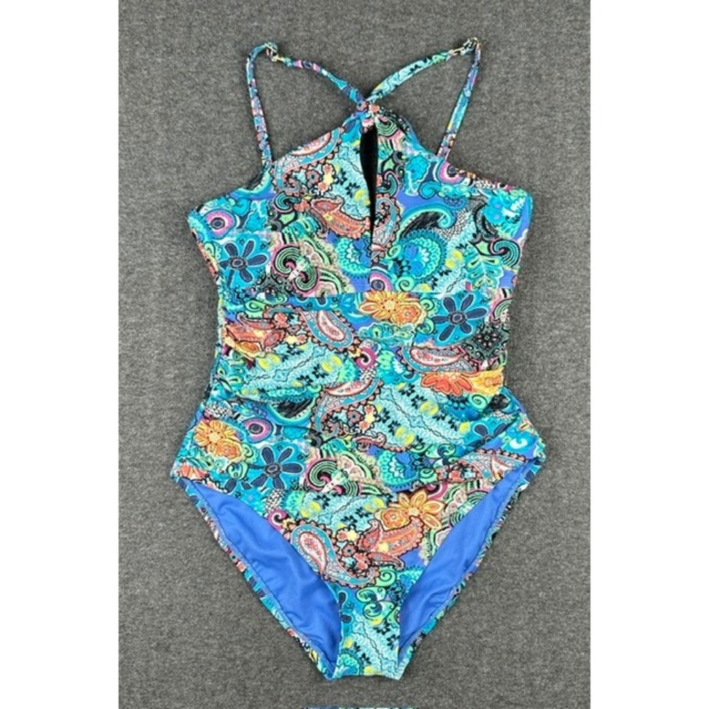 Bleu Rod Beattie Paisley Floral High Neck One Piece Swimsuit Multi Color Size 6
